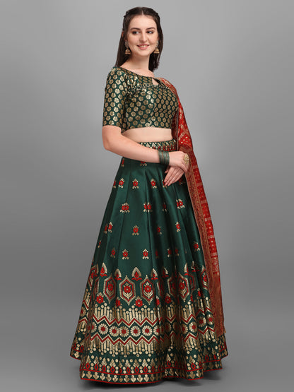 Embellished Floral Woven Dark Green Lehenga Choli