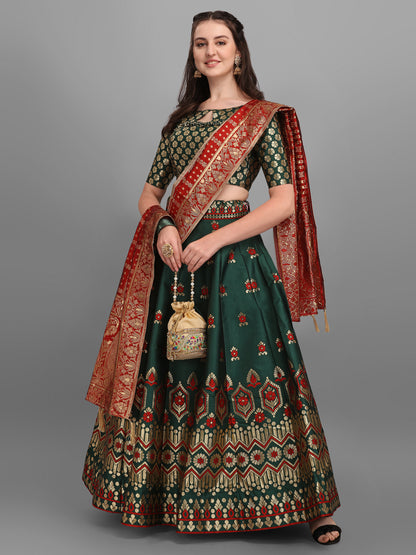 Embellished Floral Woven Dark Green Lehenga Choli