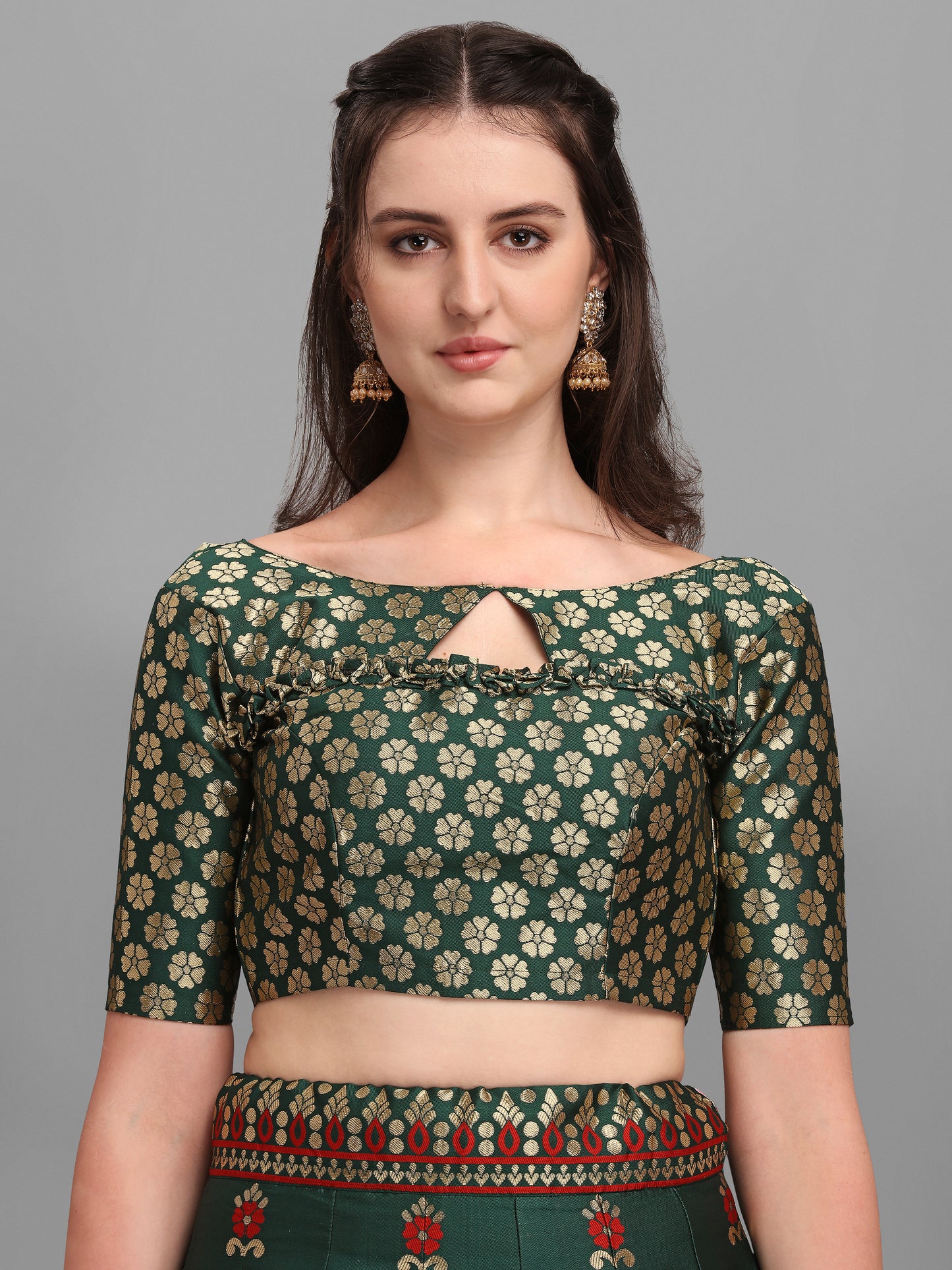 Embellished Floral Woven Dark Green Lehenga Choli