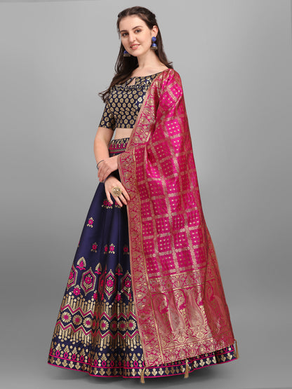 Embellished Floral Woven Navy Blue Lehenga Choli