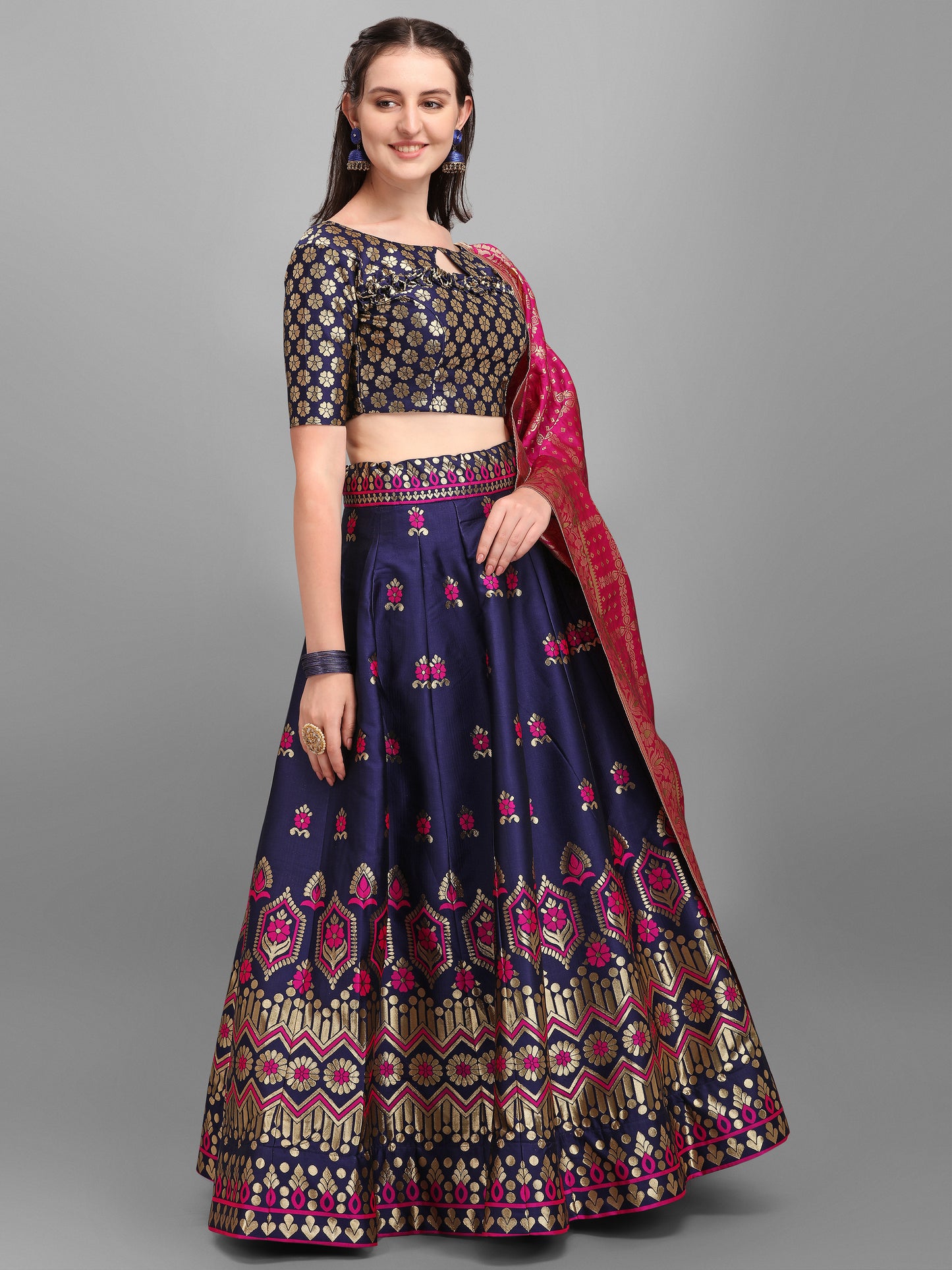 Embellished Floral Woven Navy Blue Lehenga Choli