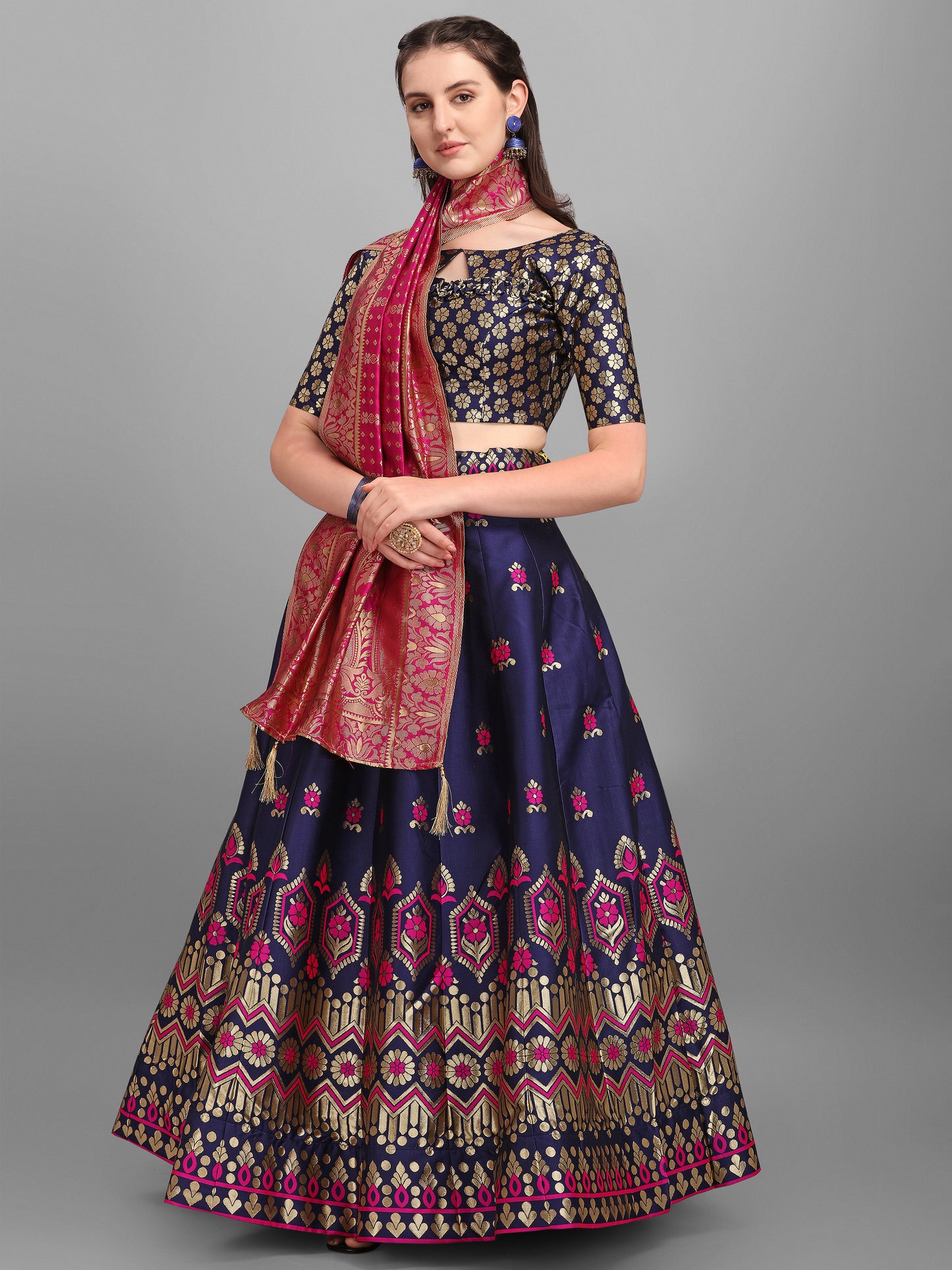 Embellished Floral Woven Navy Blue Lehenga Choli