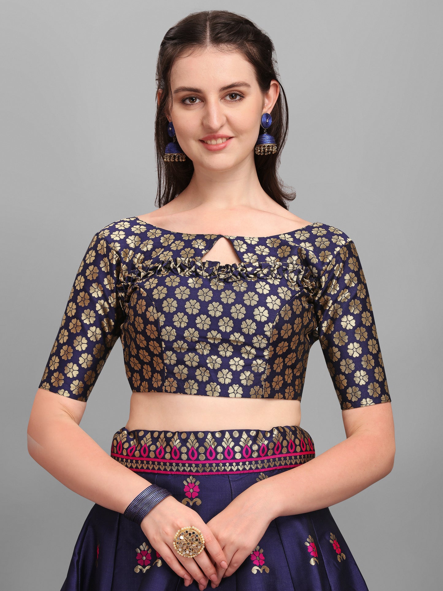 Embellished Floral Woven Navy Blue Lehenga Choli