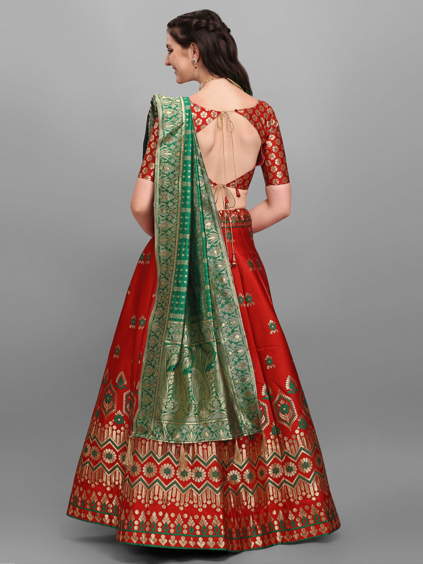 Embellished Floral Woven Red Lehenga Choli