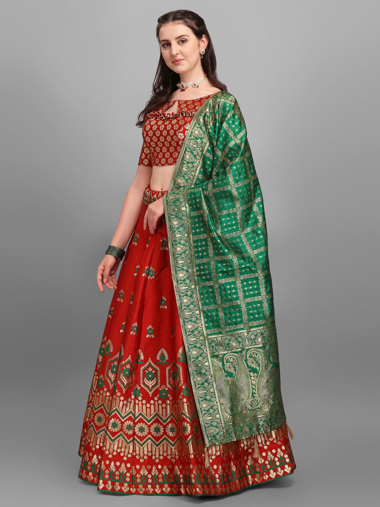 Embellished Floral Woven Red Lehenga Choli