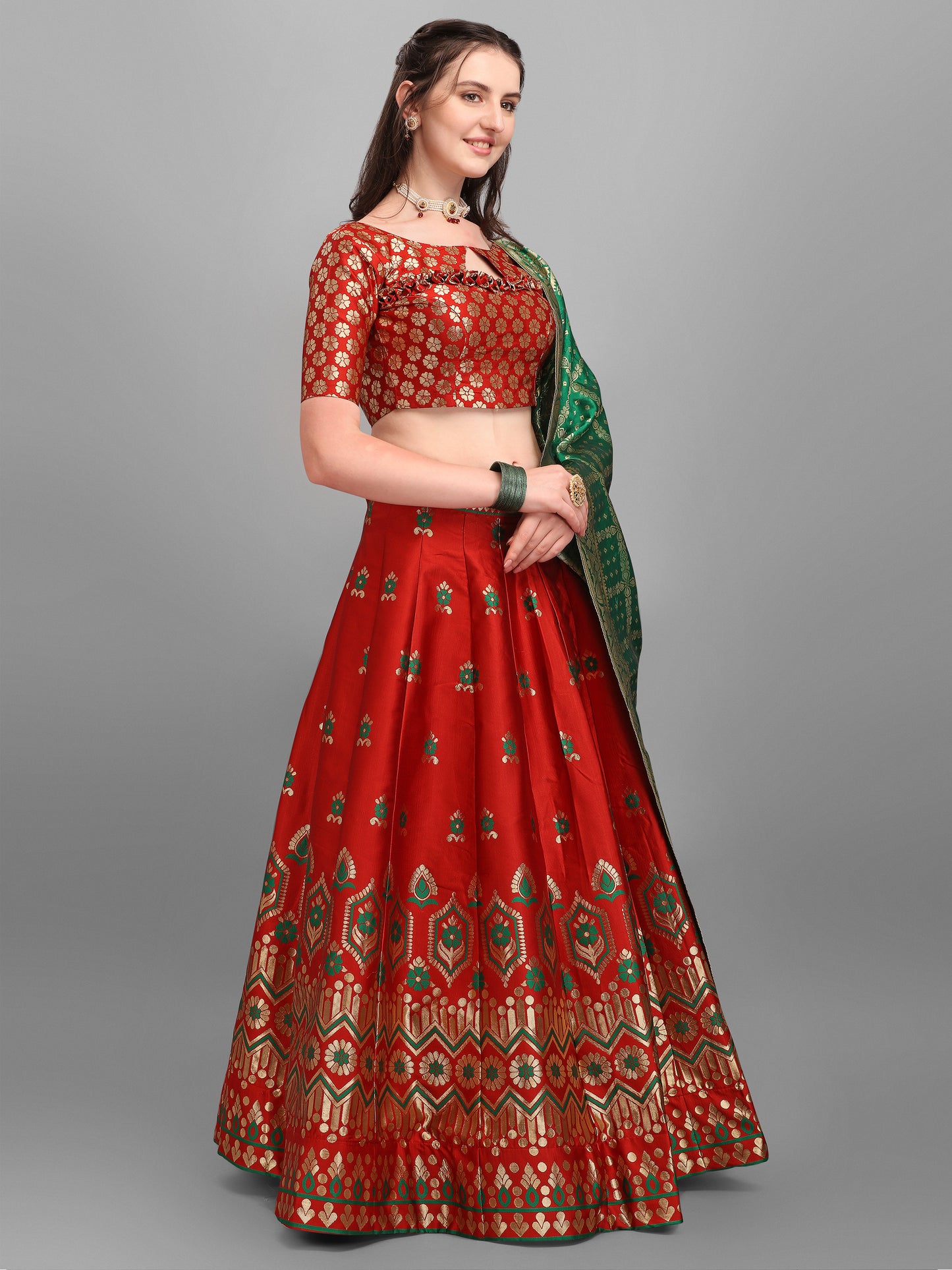 Embellished Floral Woven Red Lehenga Choli