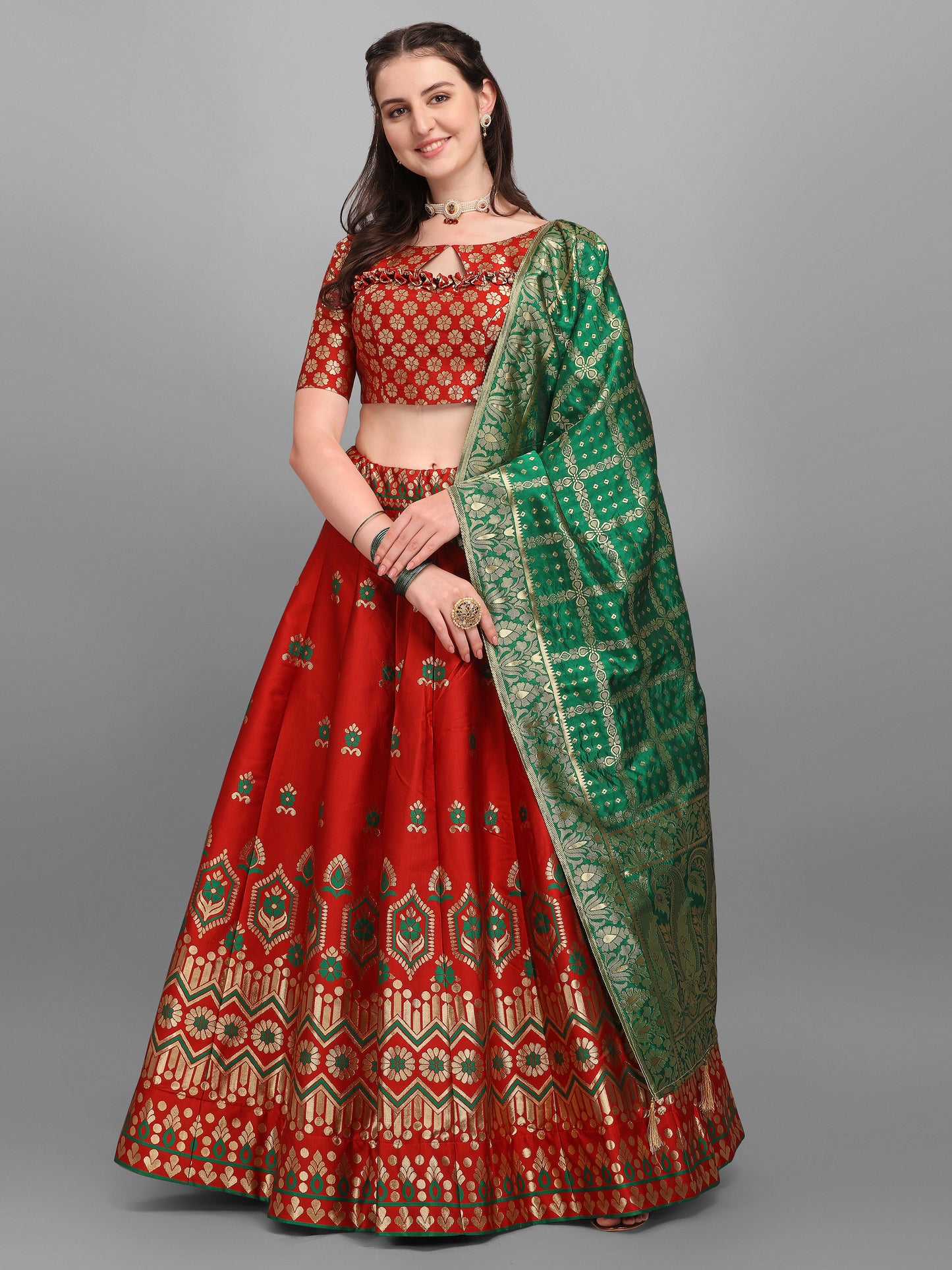 Embellished Floral Woven Red Lehenga Choli