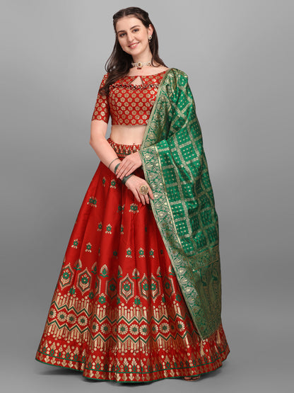 Embellished Floral Woven Red Lehenga Choli