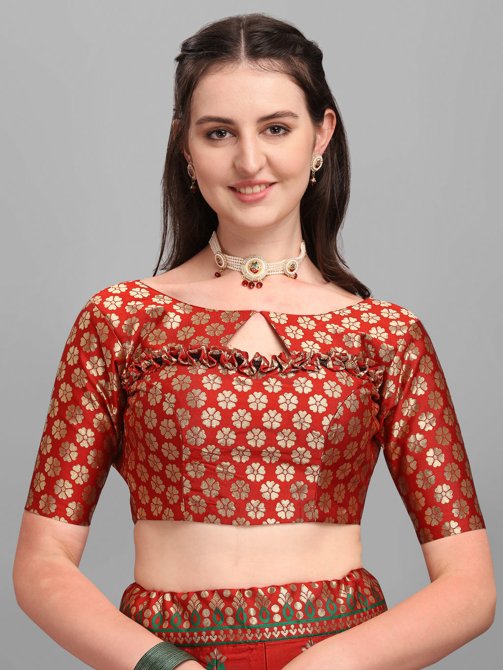 Embellished Floral Woven Red Lehenga Choli