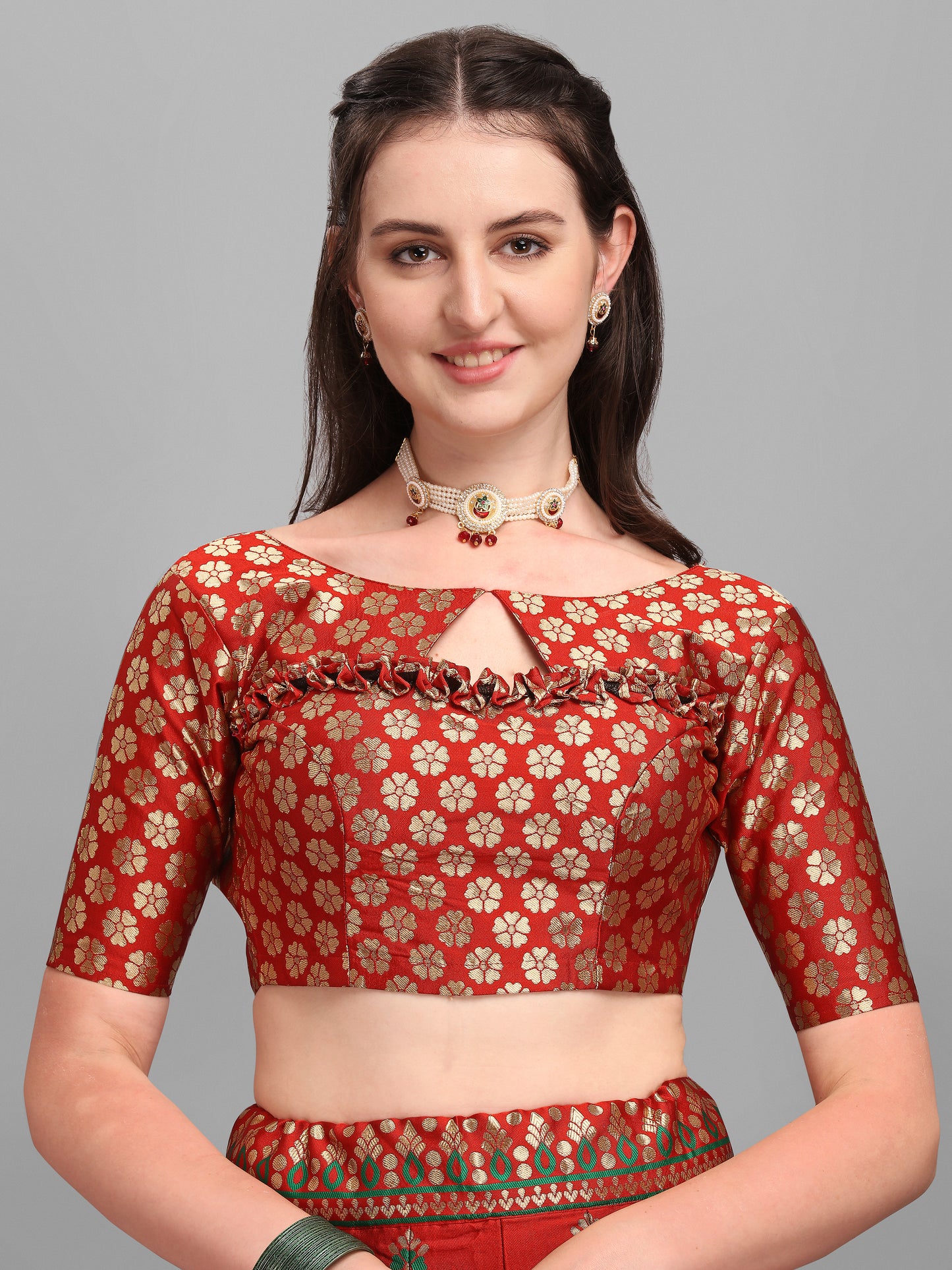 Embellished Floral Woven Red Lehenga Choli