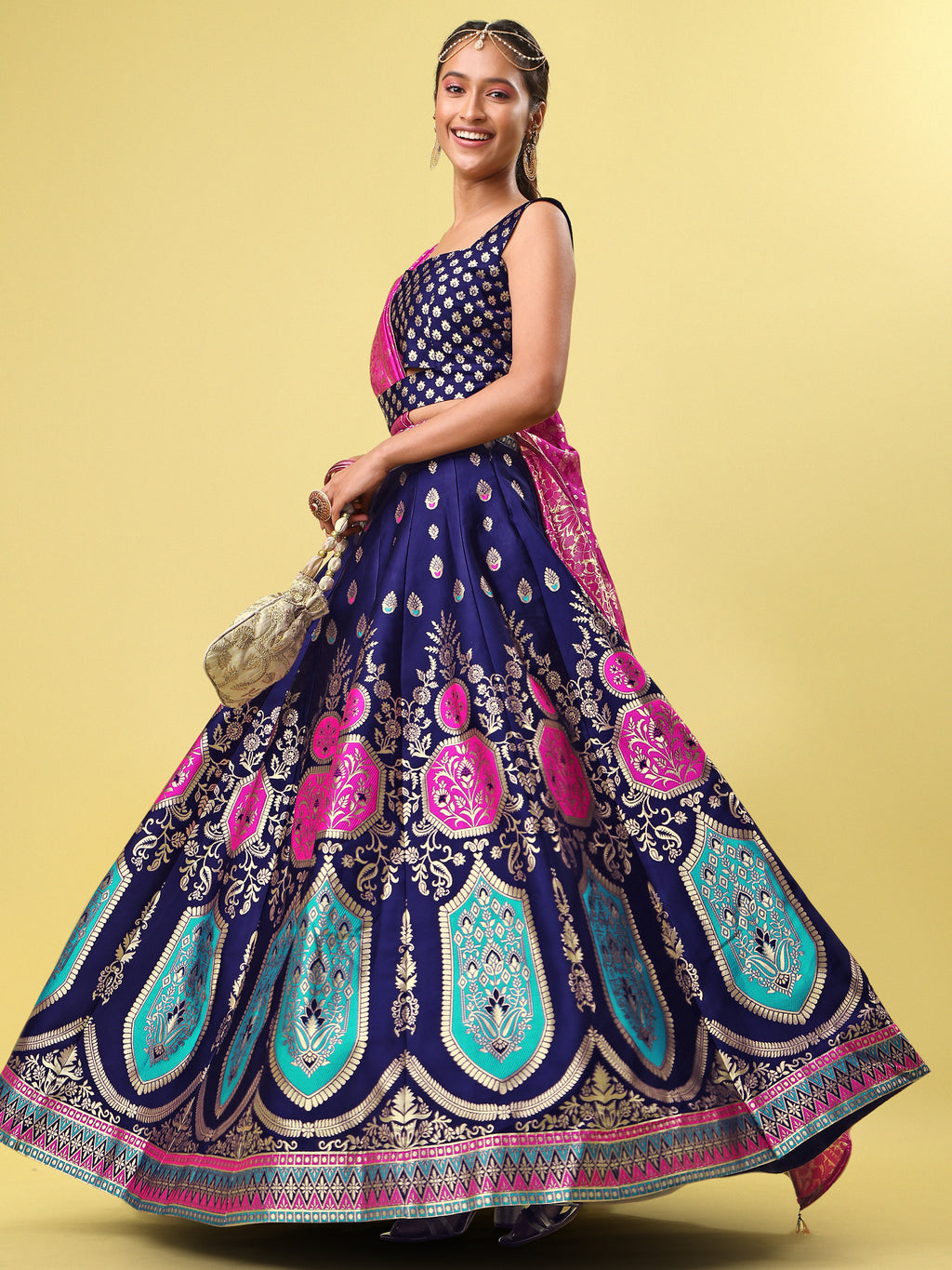 Elegant Jacquard Navy Blue Lehenga Choli