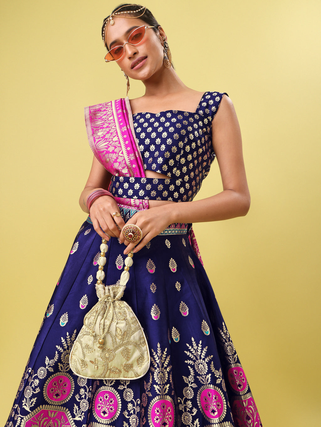 Elegant Jacquard Navy Blue Lehenga Choli