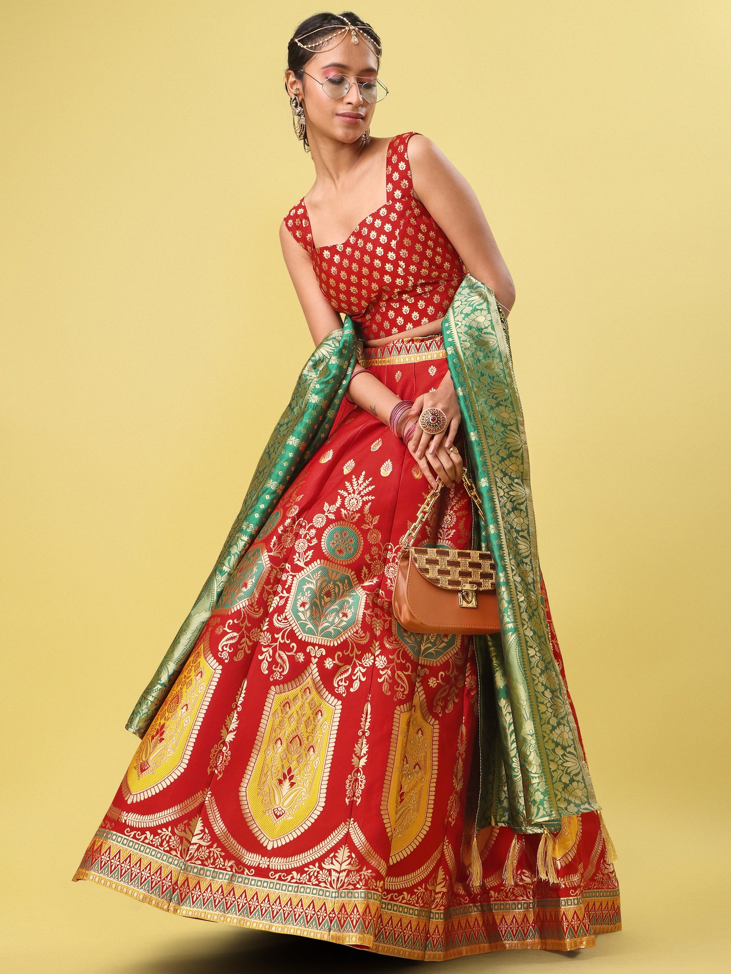 Elegant Jacquard Red Lehenga Choli