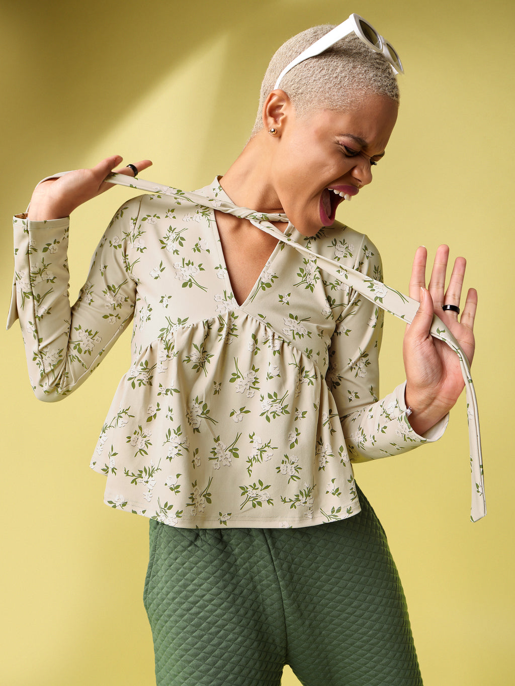 Dusty Tie-up Neck Peplum Top For Women