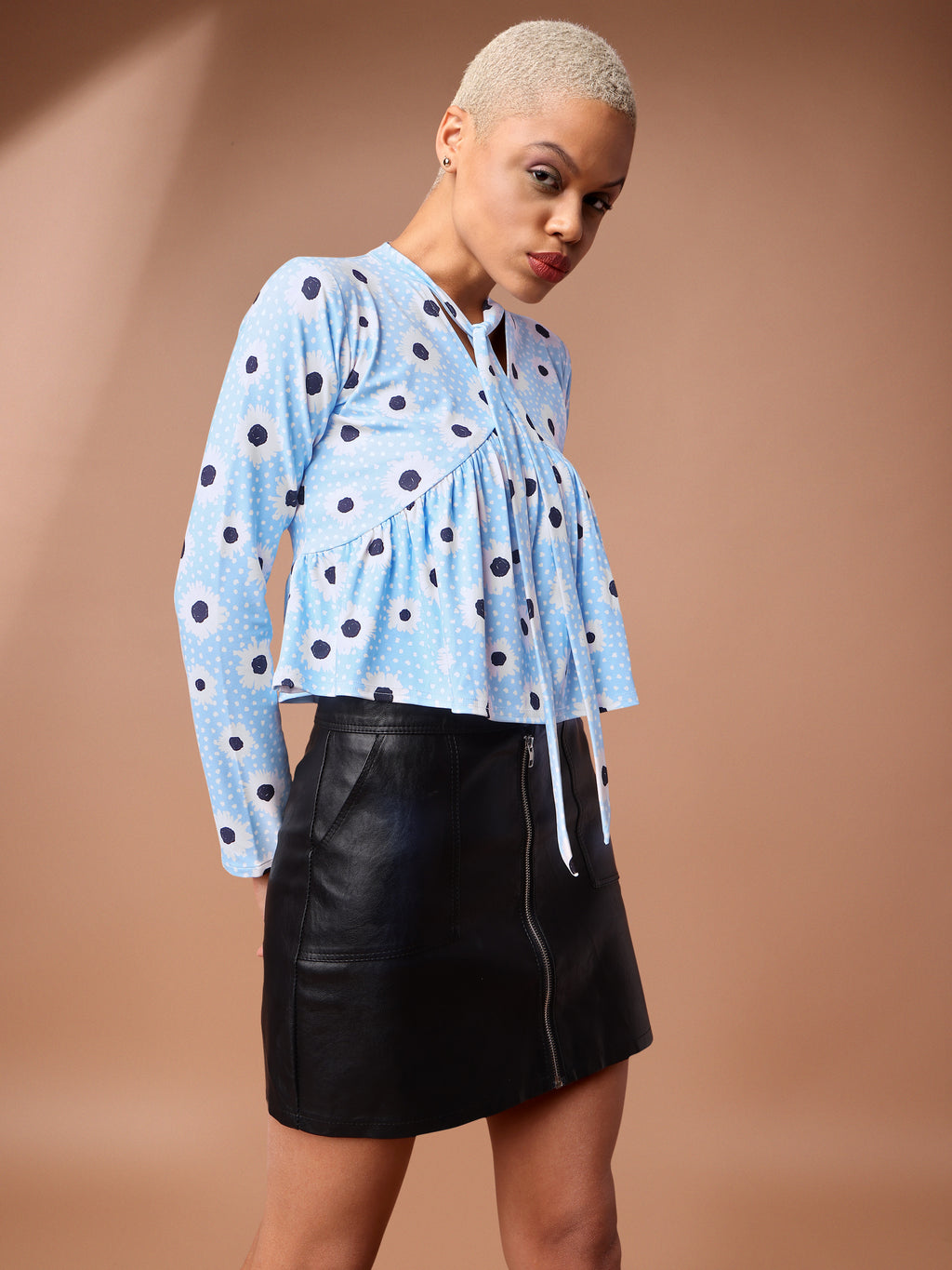 Sky blue Tie-up Neck Peplum Top For Women