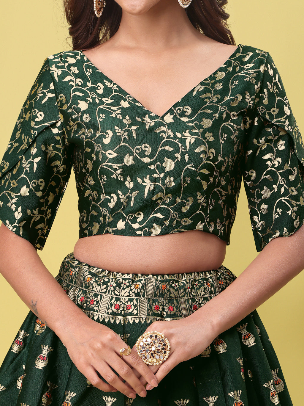 Decorated With Beautiful Flower Motif Dark Green Lehenga Choli