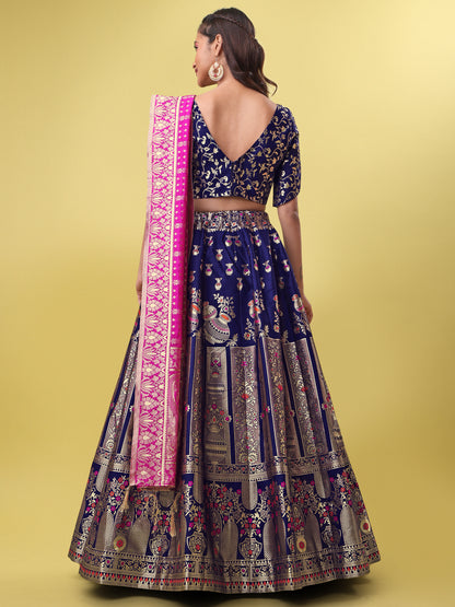 Decorated With Beautiful Flower Motif Navy Blue Lehenga Choli