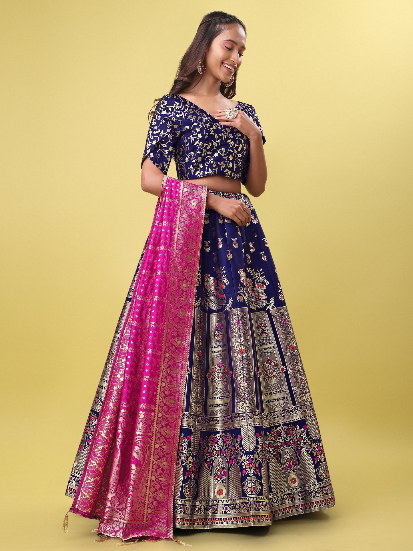 Decorated With Beautiful Flower Motif Navy Blue Lehenga Choli