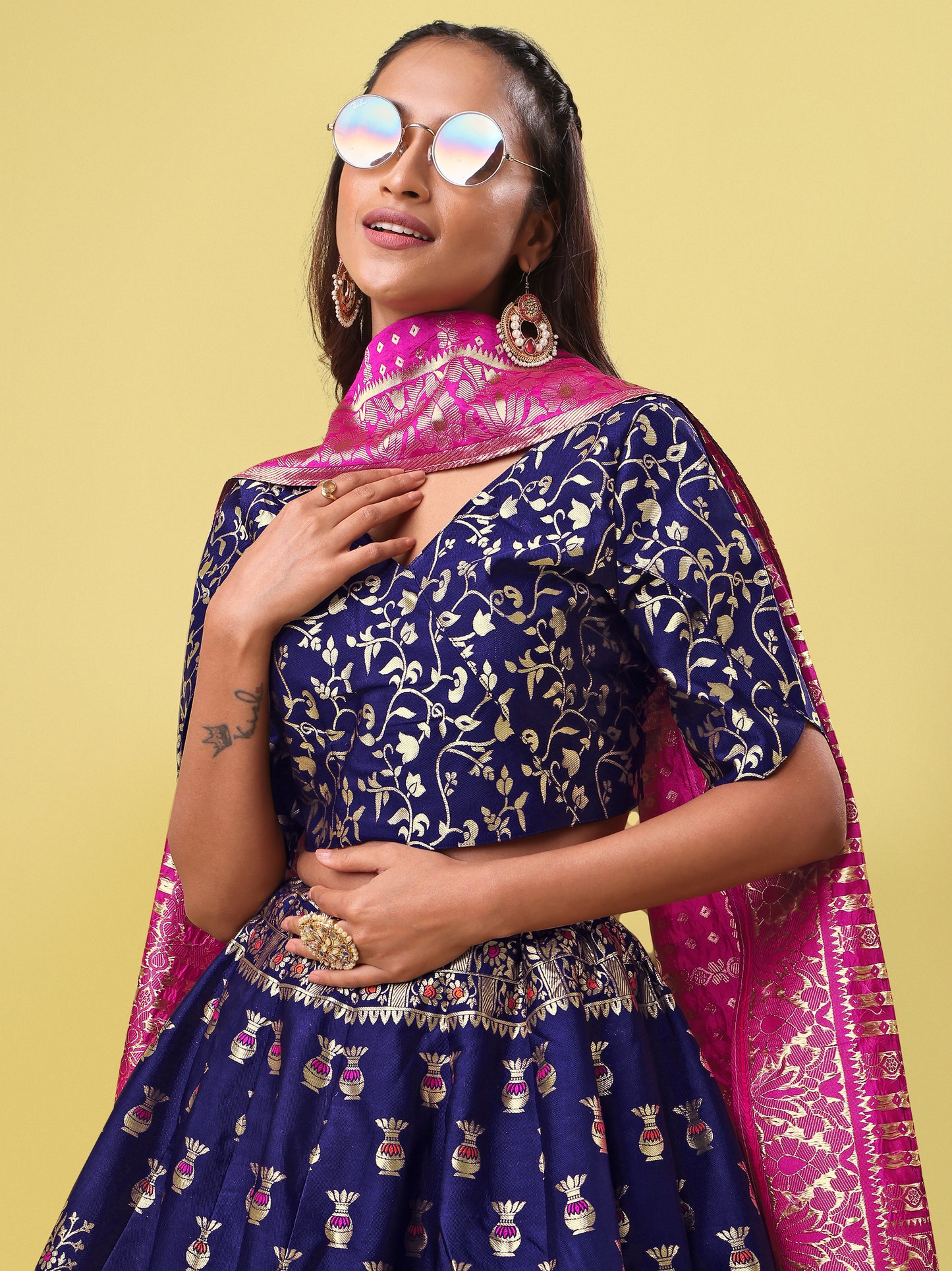 Decorated With Beautiful Flower Motif Navy Blue Lehenga Choli