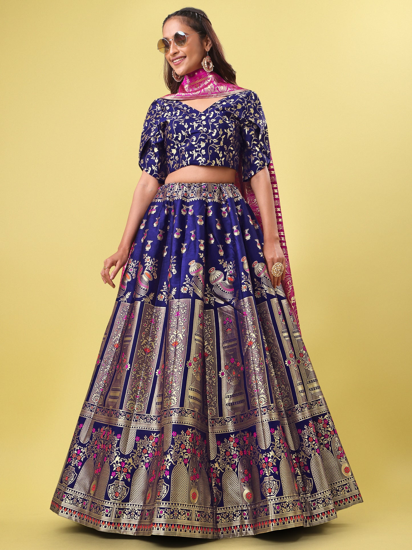 Decorated With Beautiful Flower Motif Navy Blue Lehenga Choli