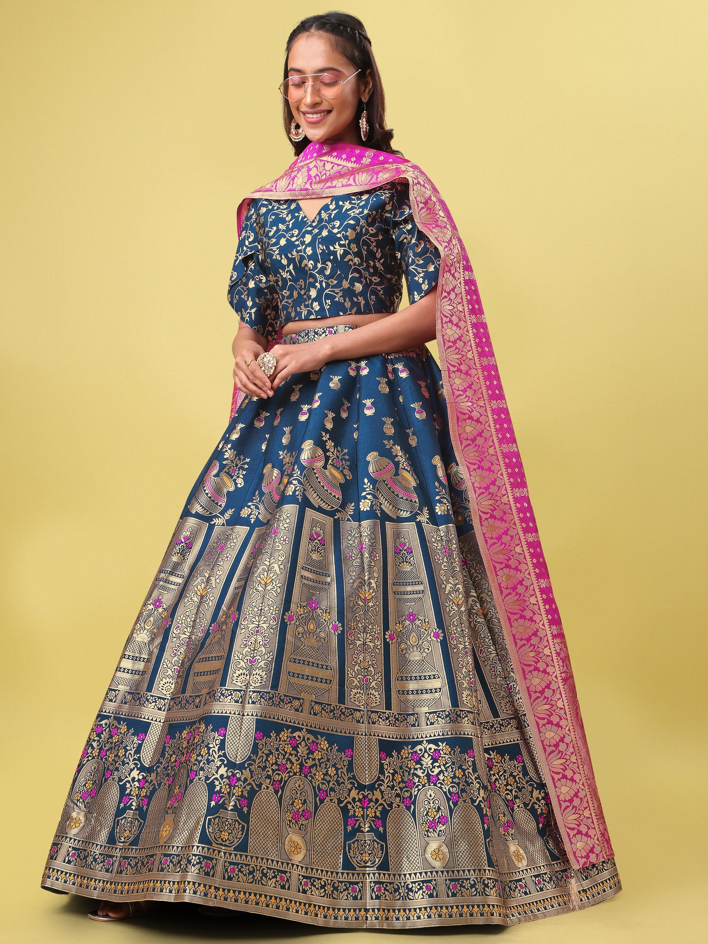 Decorated With Beautiful Flower Motif Rama Lehenga Choli