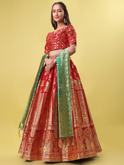 Decorated With Beautiful Flower Motif Red Lehenga Choli