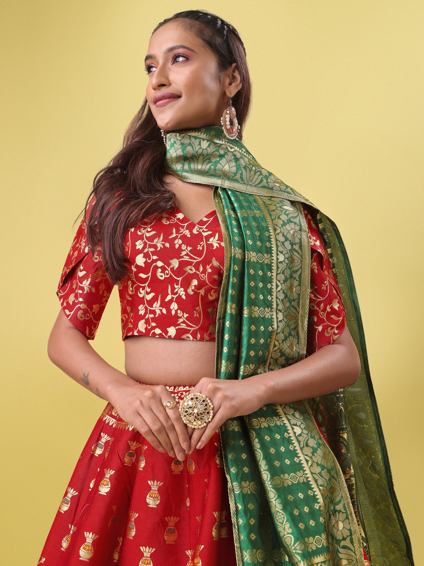 Decorated With Beautiful Flower Motif Red Lehenga Choli