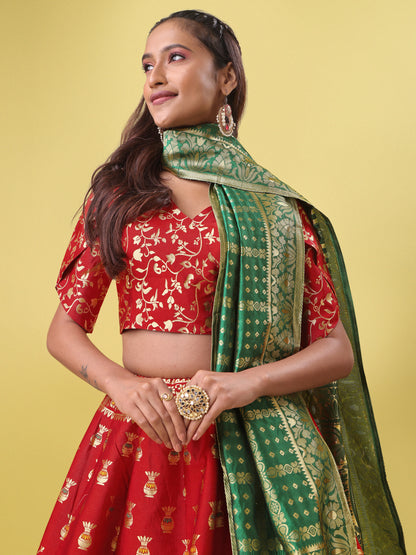 Decorated With Beautiful Flower Motif Red Lehenga Choli