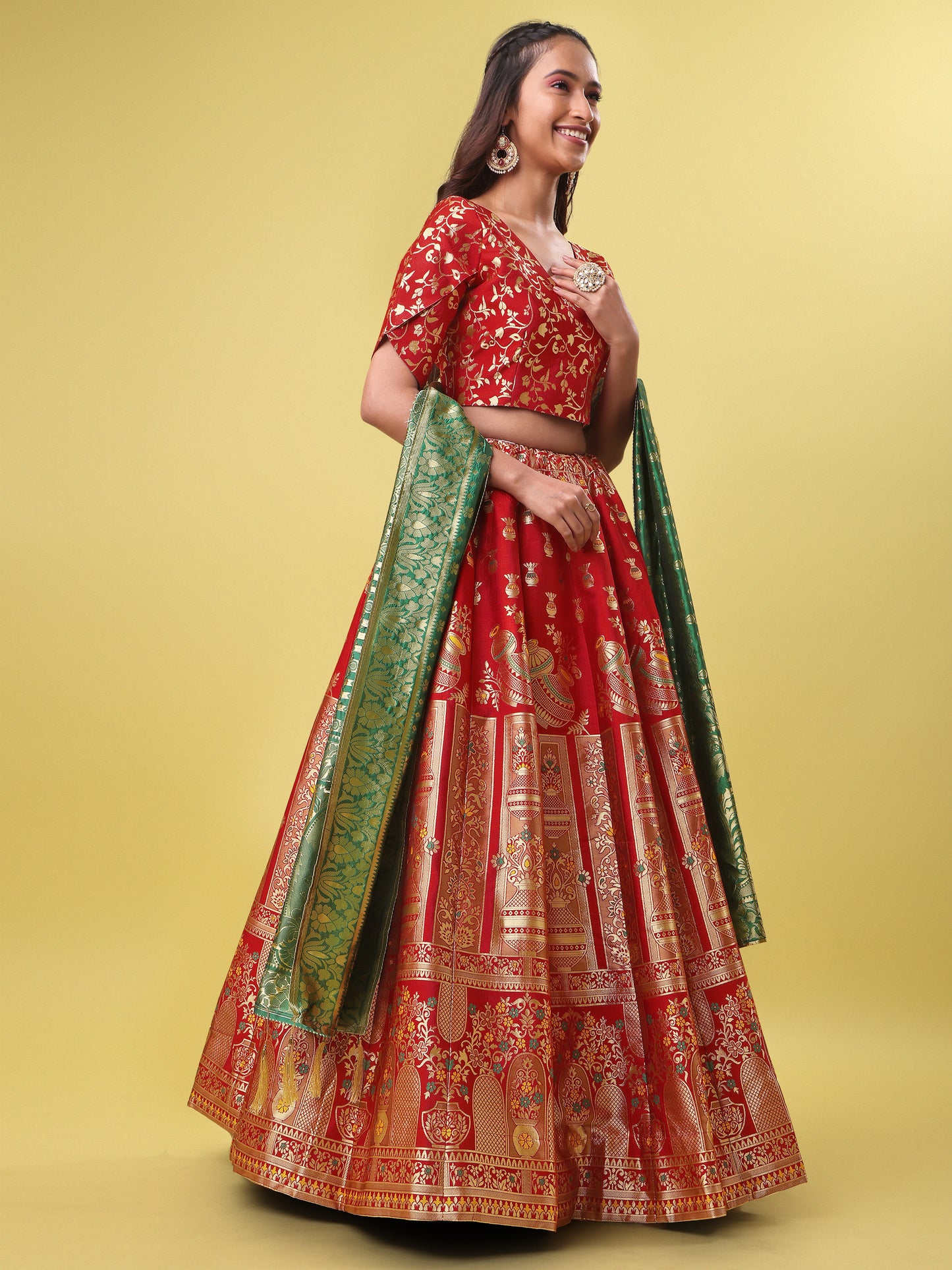 Decorated With Beautiful Flower Motif Red Lehenga Choli