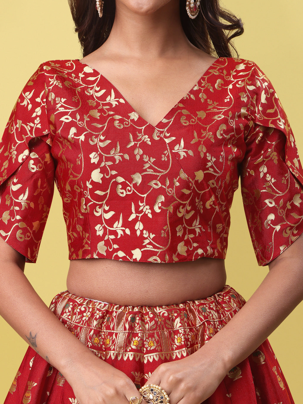 Decorated With Beautiful Flower Motif Red Lehenga Choli