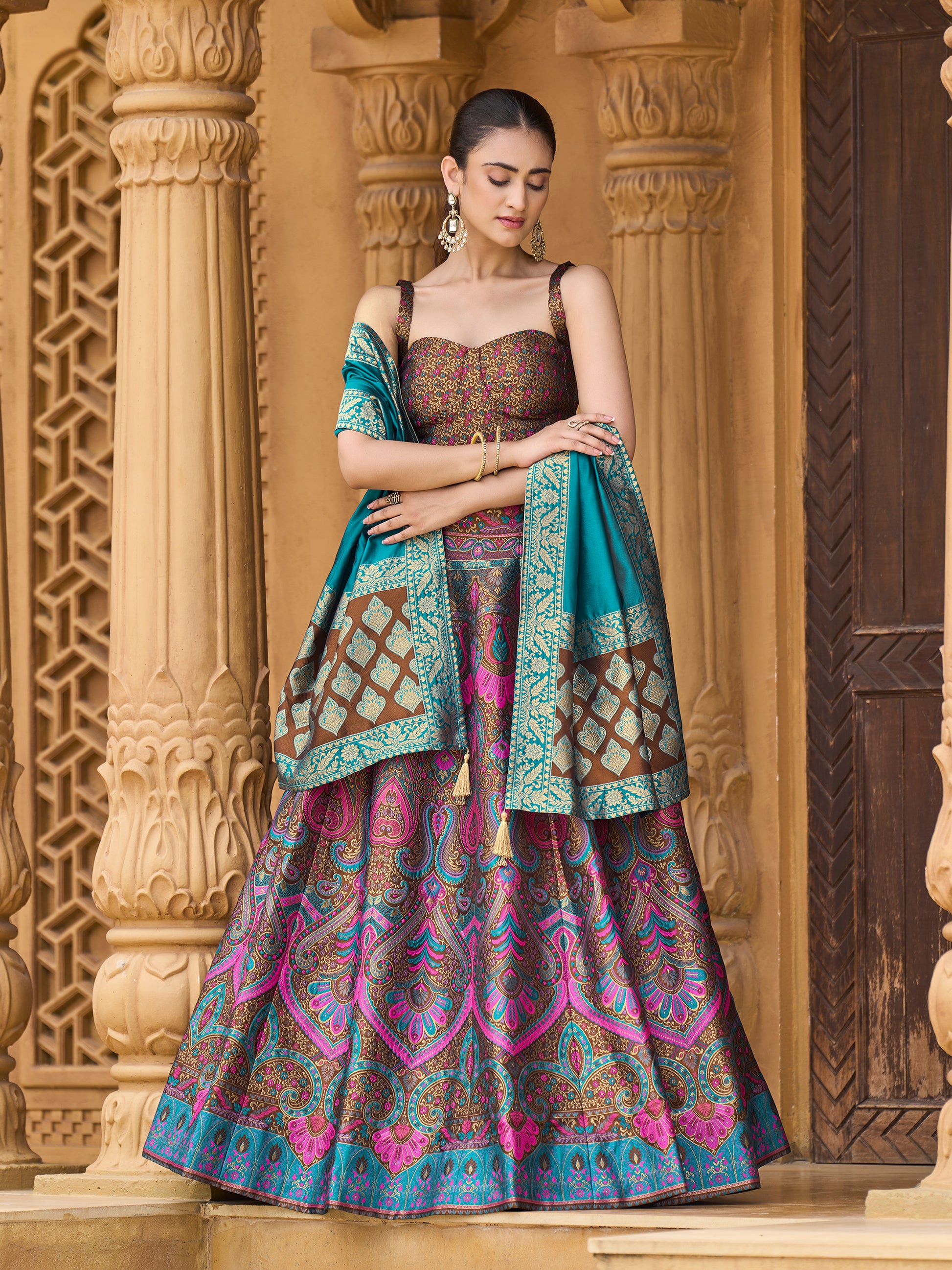 Women's Brown Kanjiwaram Lehengas