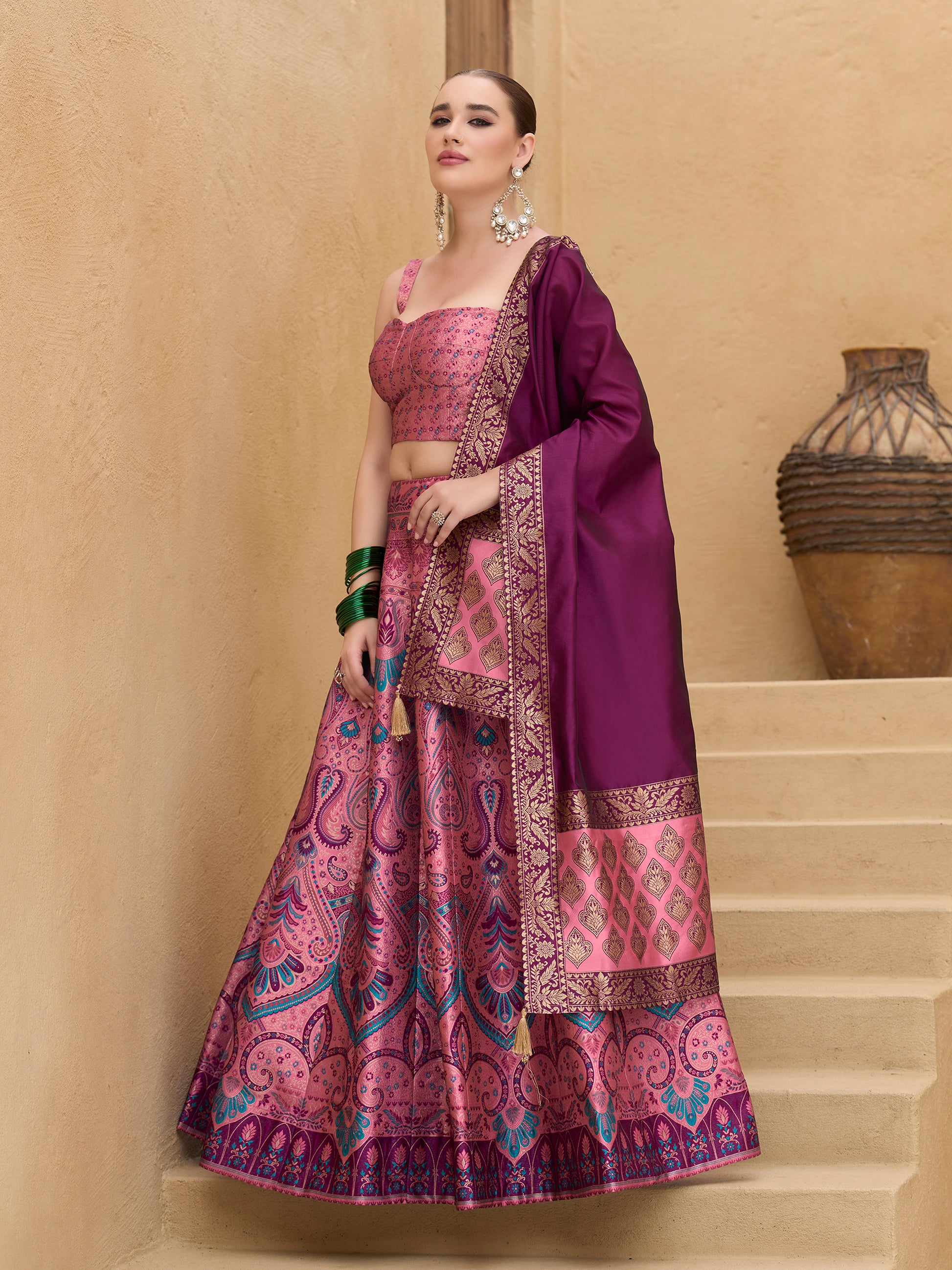 Women's Pink Kanjiwaram Lehengas