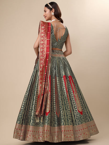 Women Embellished Flared Dark Green Lehenga Choli