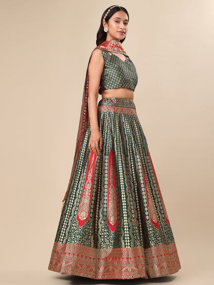 Women Embellished Flared Dark Green Lehenga Choli