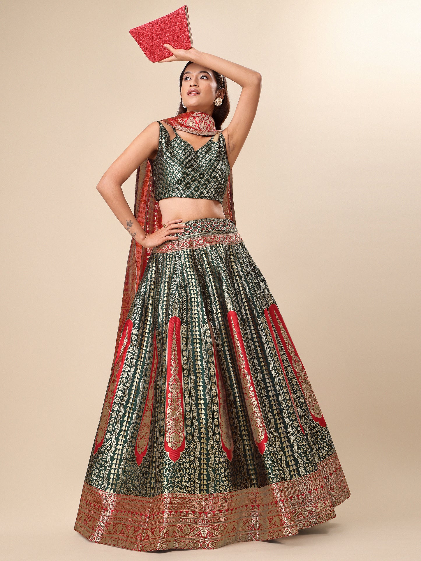 Women Embellished Flared Dark Green Lehenga Choli