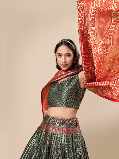 Women Embellished Flared Dark Green Lehenga Choli