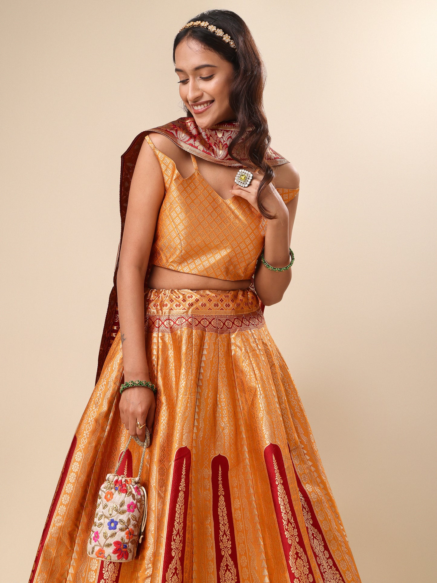 Women Embellished Flared Yellow Lehenga Choli