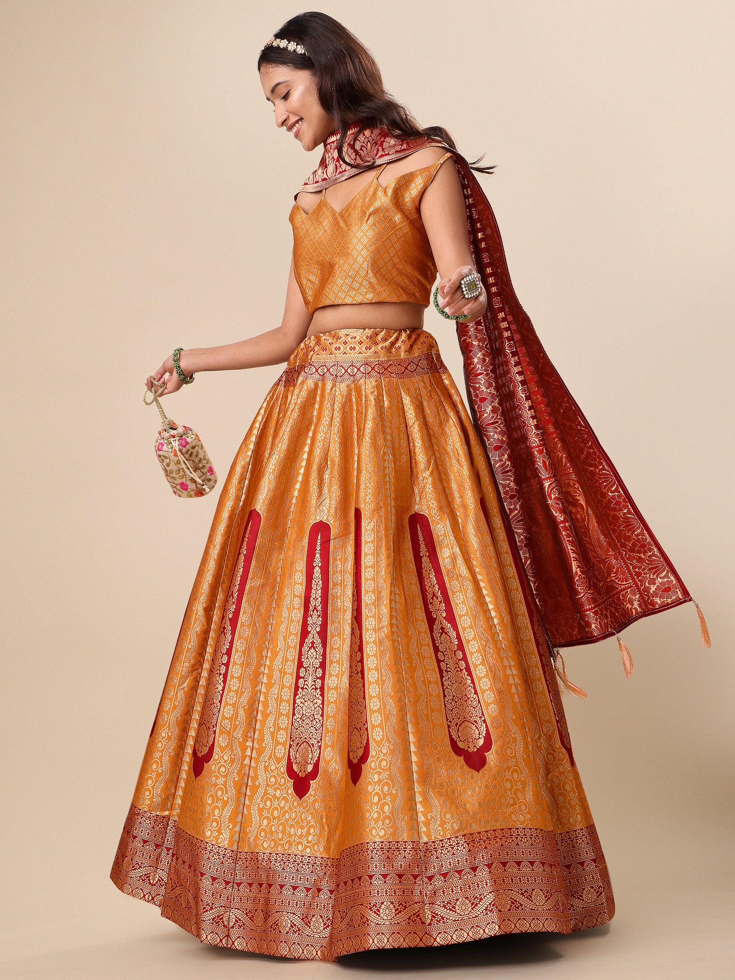 Women Embellished Flared Yellow Lehenga Choli