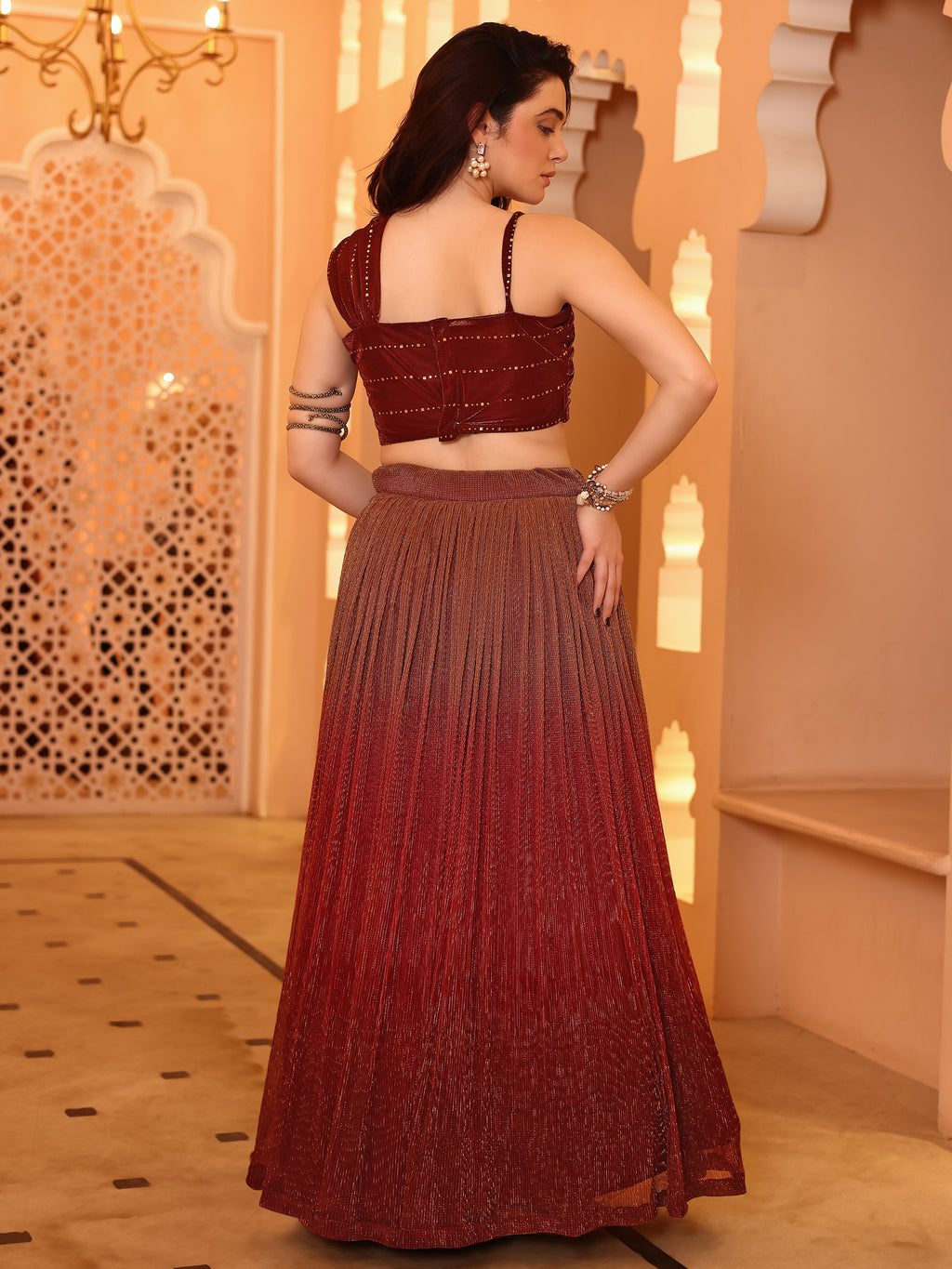 Crushed Silk Maroon Lehenga Choli with Sequined Embroidery