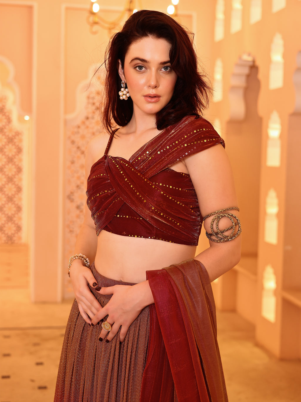 Crushed Silk Maroon Lehenga Choli with Sequined Embroidery