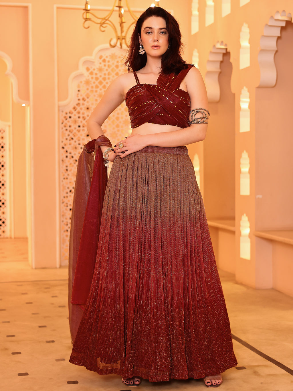 Crushed Silk Maroon Lehenga Choli with Sequined Embroidery