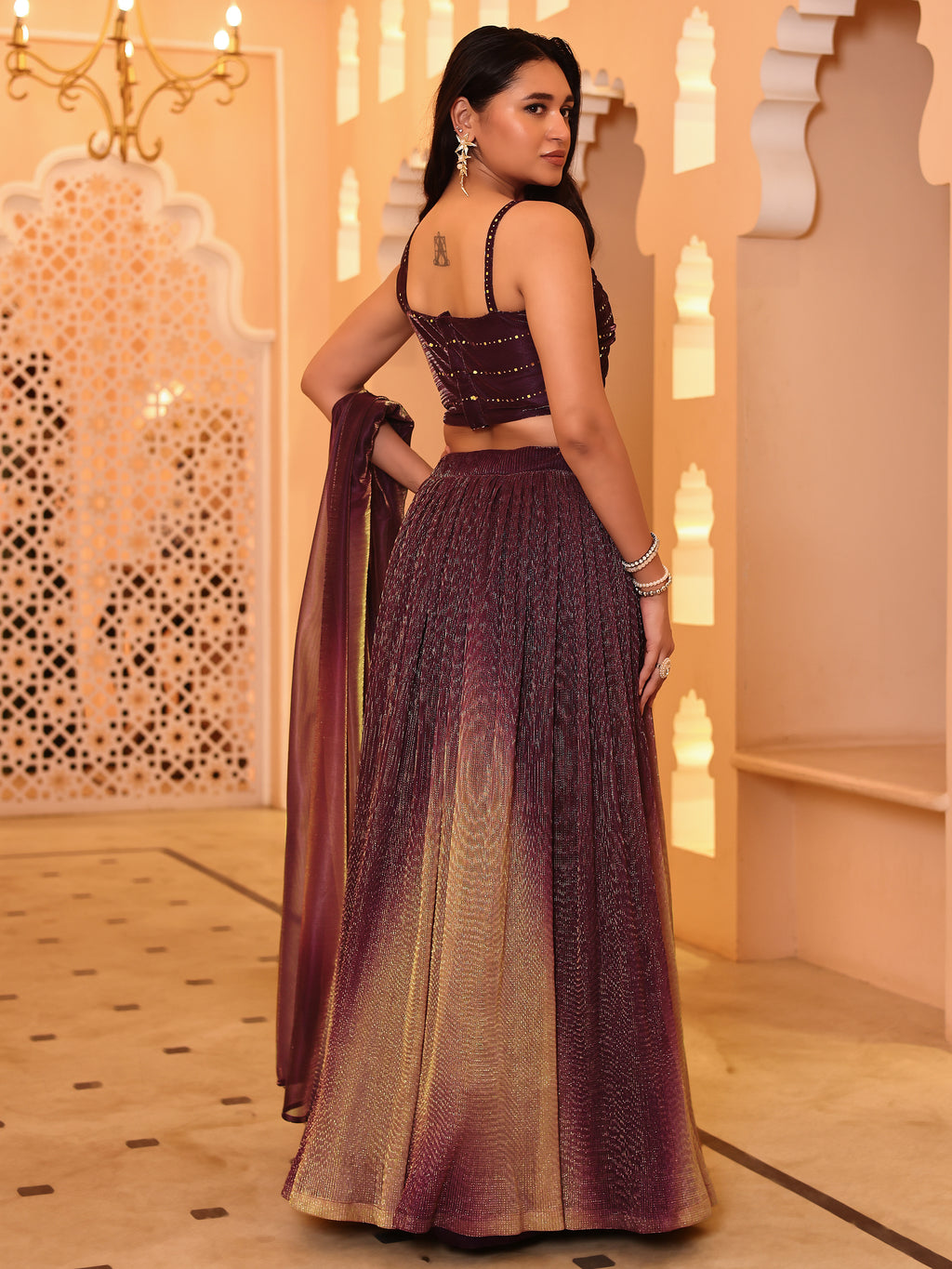 Crushed Silk Wine Lehenga Choli with Sequined Embroidery
