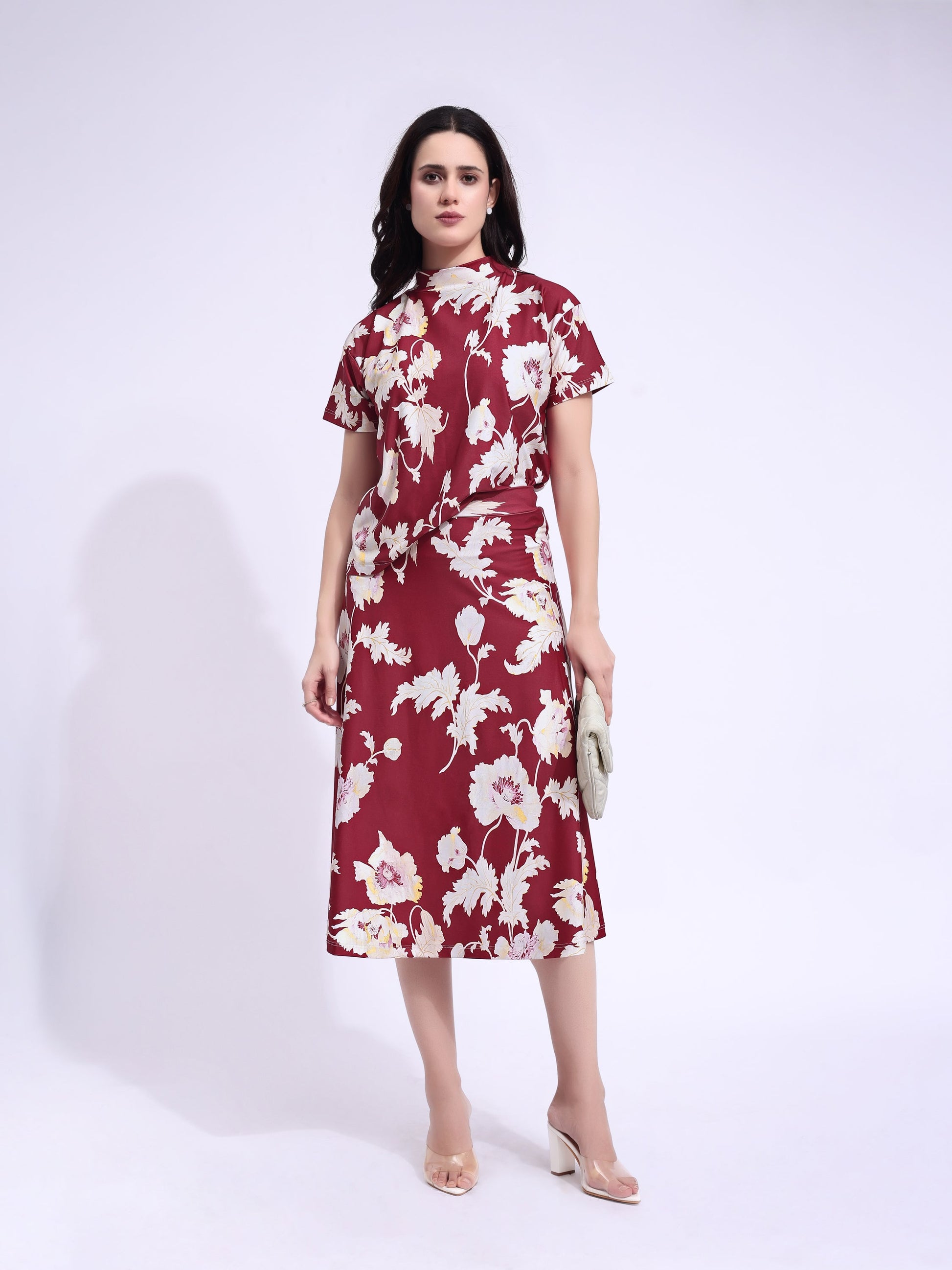 Women's Printed Regular Maroon Co-Ords