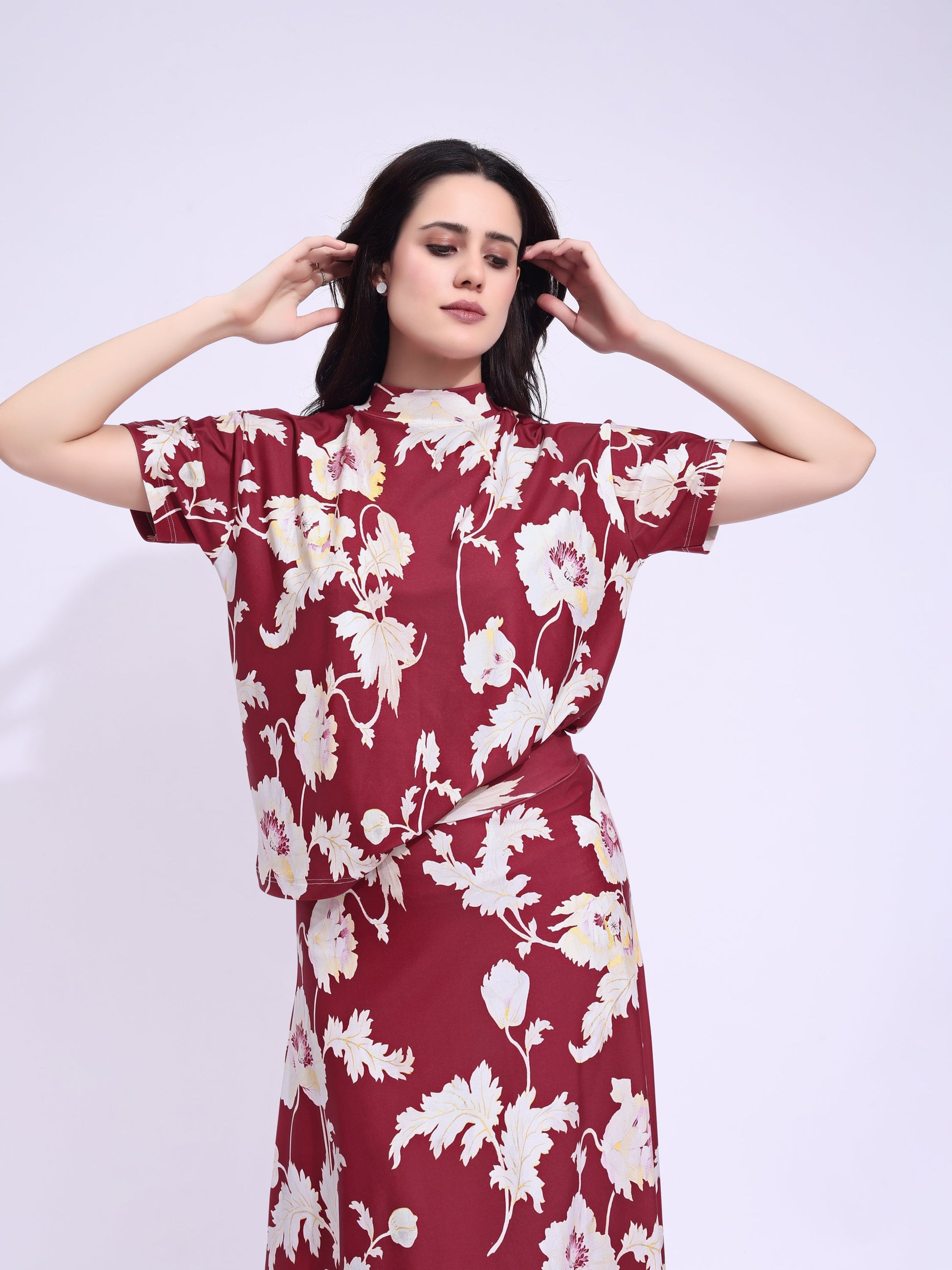 Women's Printed Regular Maroon Co-Ords