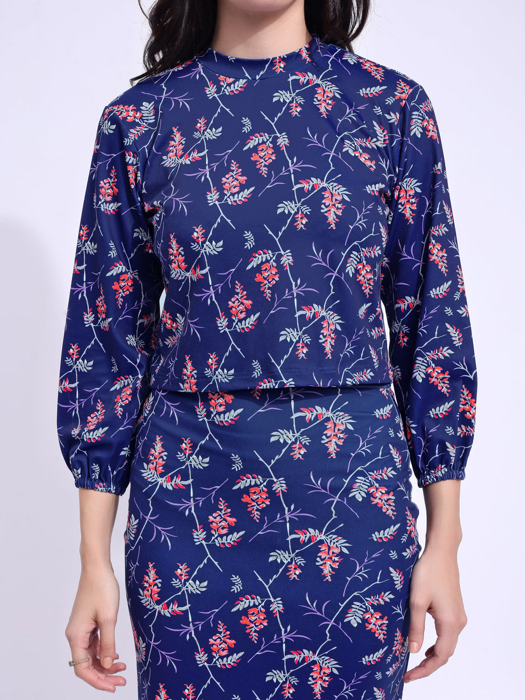 Women's Printed Round Neck Blue Co-Ords