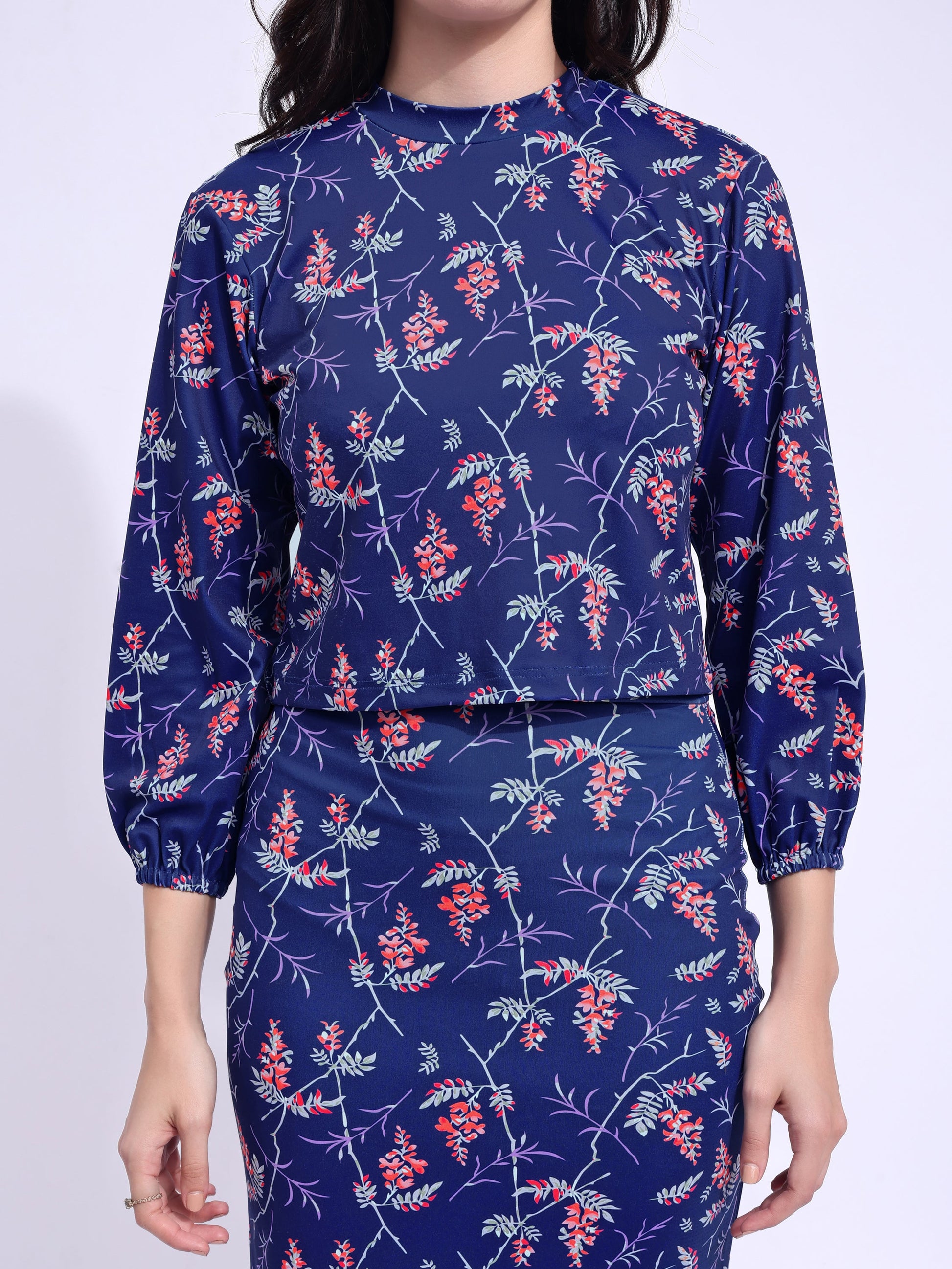 Women's Printed Round Neck Blue Co-Ords