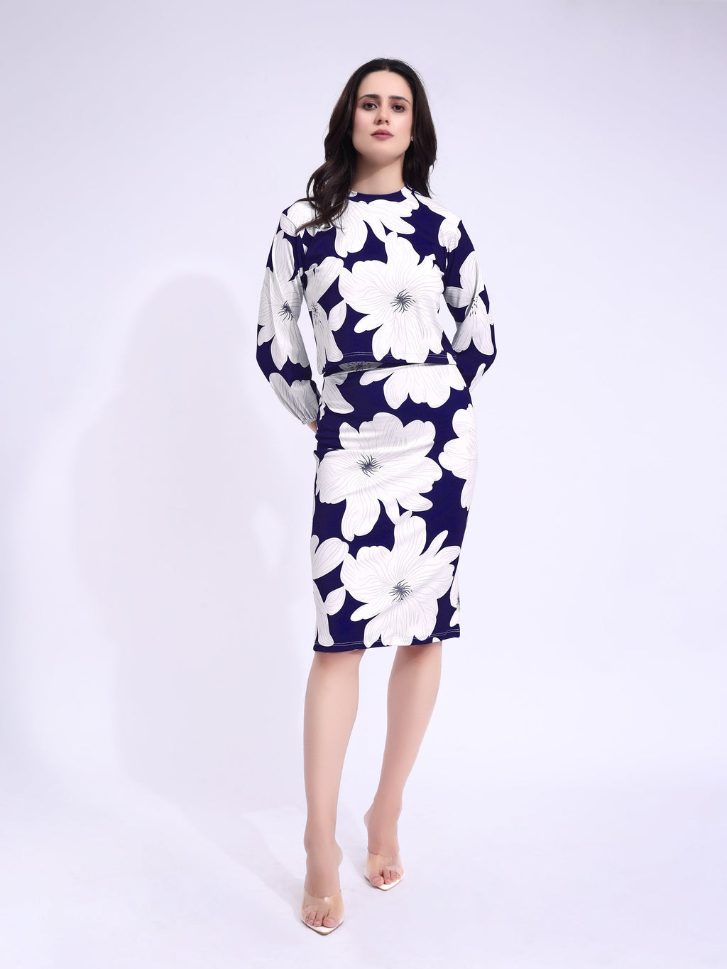 Women's Printed Round Neck Navy Blue Co-Ords