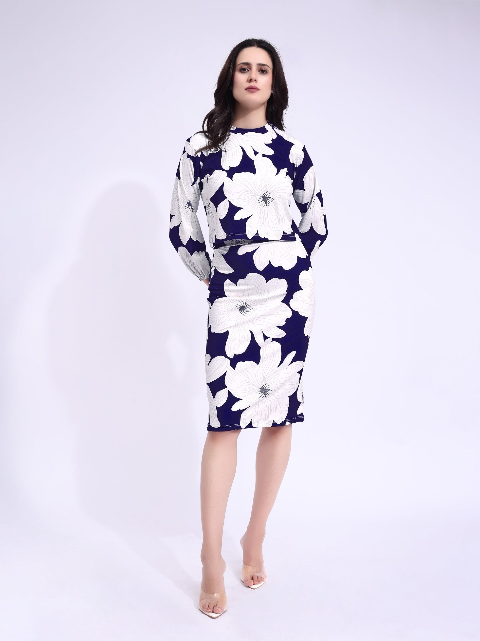 Women's Printed Round Neck Navy Blue Co-Ords