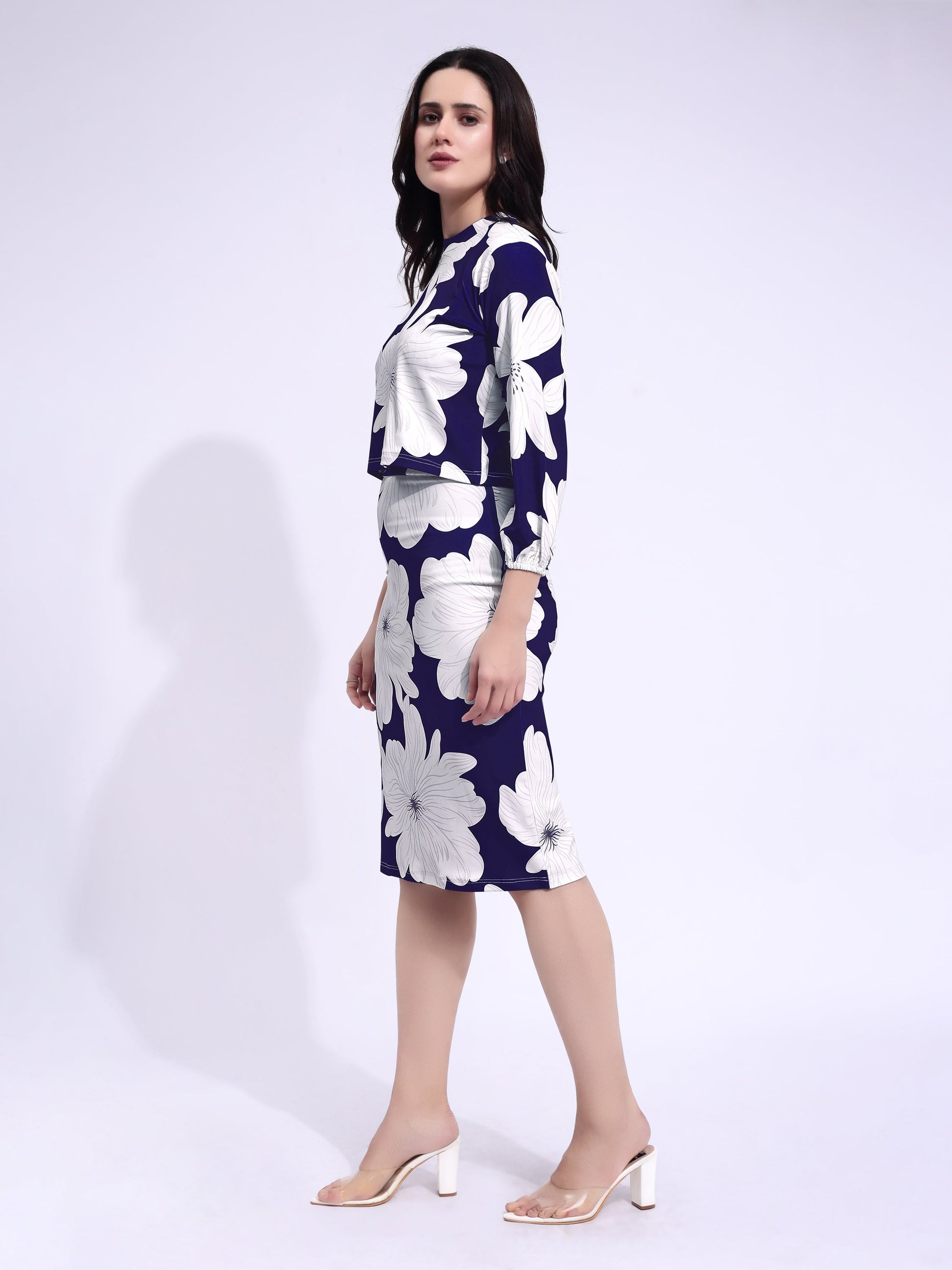 Women's Printed Round Neck Navy Blue Co-Ords