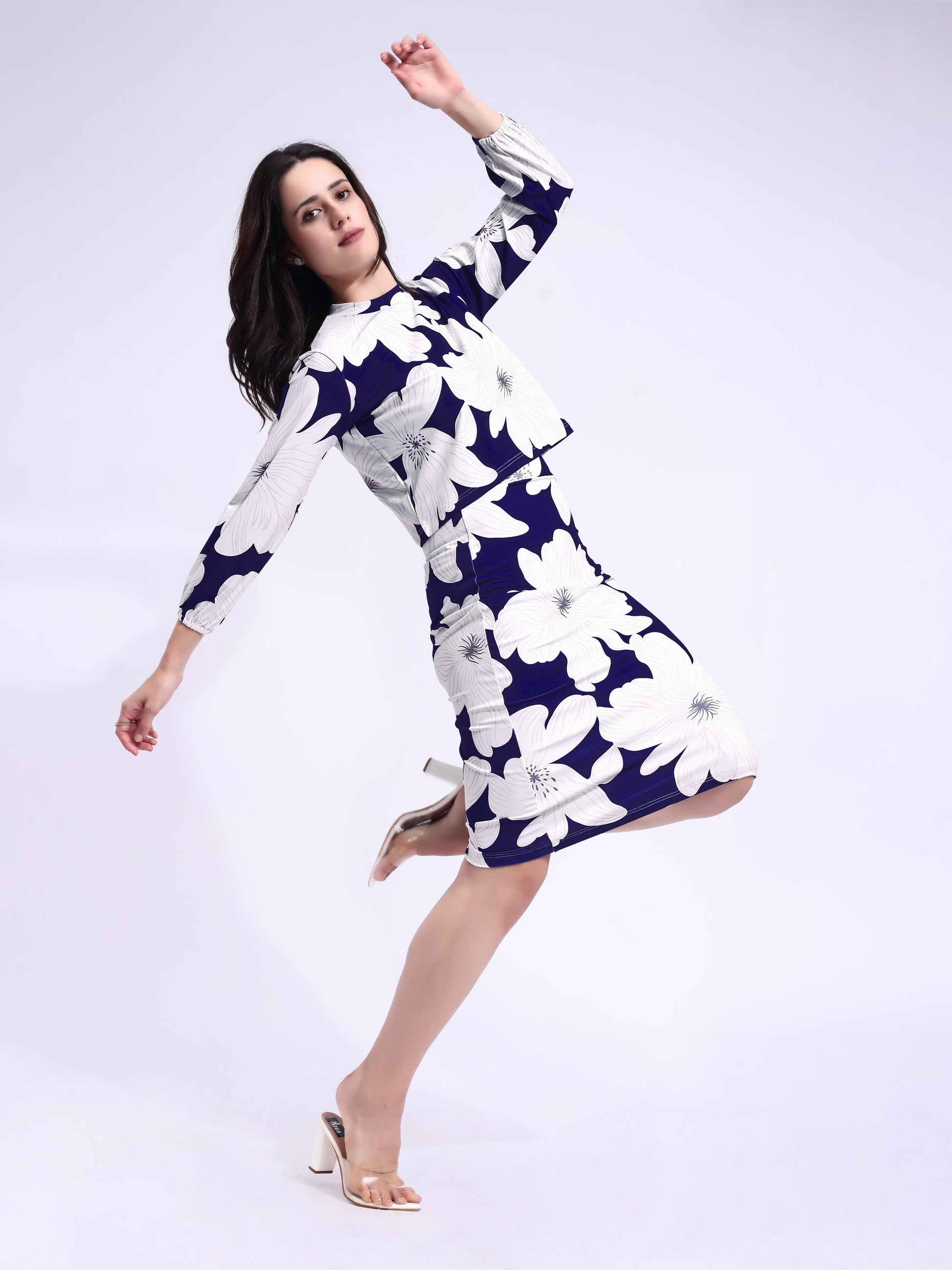 Women's Printed Round Neck Navy Blue Co-Ords